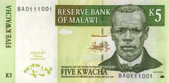 Лицевая сторона банкноты Малави номиналом 5 Квач