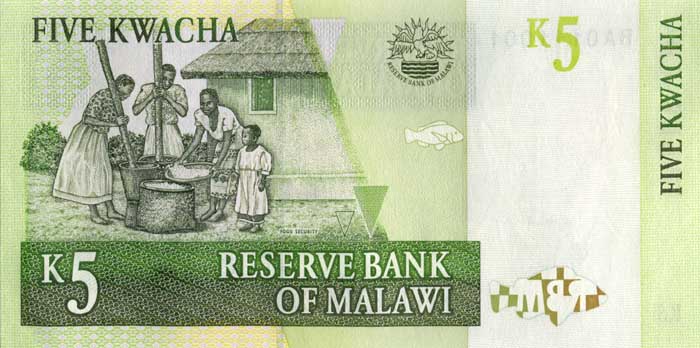 Обратная сторона банкноты Малави номиналом 5 Квач
