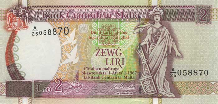 Лицевая сторона банкноты Мальты номиналом 2 Лиры