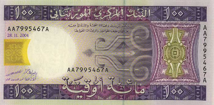 Лицевая сторона банкноты Мавритании номиналом 100 Угий