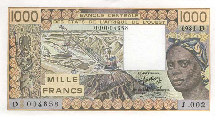 Лицевая сторона банкноты Того номиналом 1000 Франков
