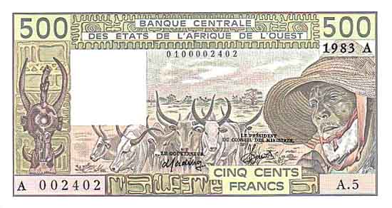 Лицевая сторона банкноты Бенина номиналом 500 Франков