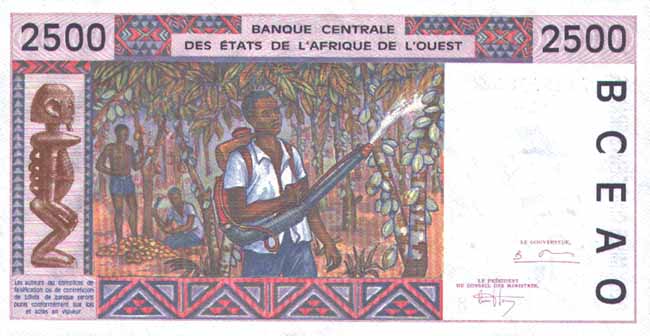 Обратная сторона банкноты Того номиналом 2500 Франков