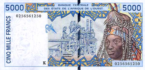 Лицевая сторона банкноты Бенина номиналом 5000 Франков