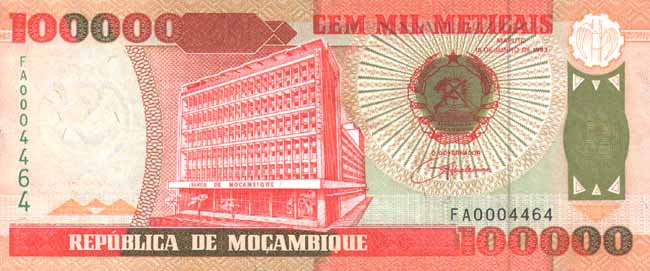 Лицевая сторона банкноты Мозамбика номиналом 100000 Метикалов
