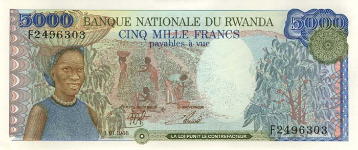 Лицевая сторона банкноты Руанды номиналом 5000 Франков
