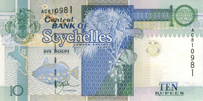 Лицевая сторона банкноты Сейшел номиналом 10 Рупий