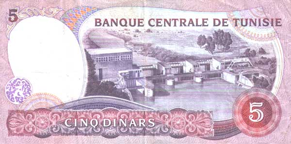 Обратная сторона банкноты Туниса номиналом 5 Динаров