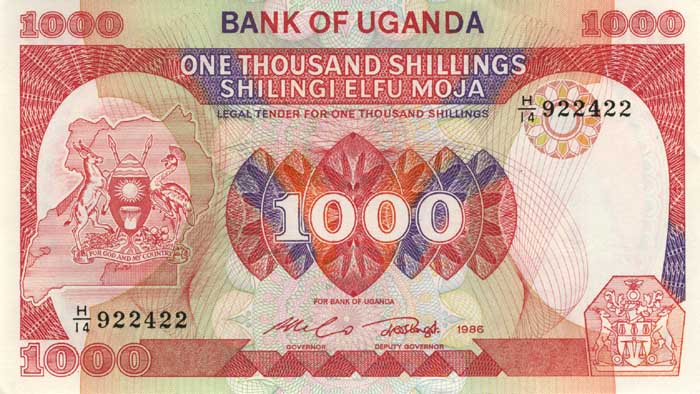 Лицевая сторона банкноты Уганды номиналом 1000 Шиллингов