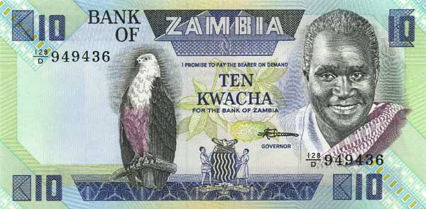 Лицевая сторона банкноты Замбии номиналом 10 Квач