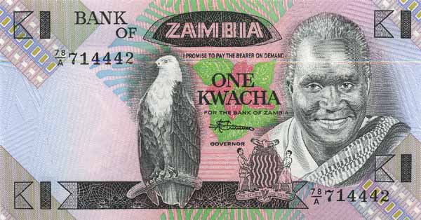 Лицевая сторона банкноты Замбии номиналом 1 Квача