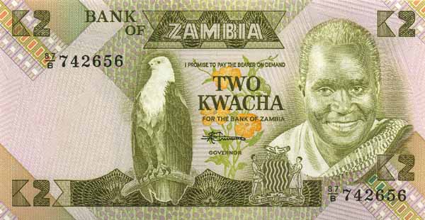 Лицевая сторона банкноты Замбии номиналом 2 Квачи