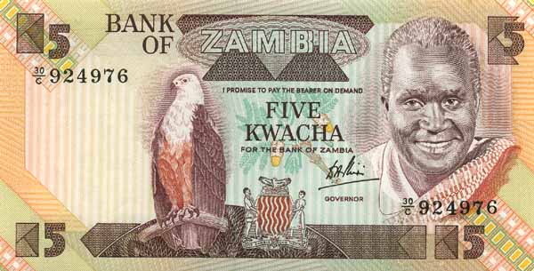 Лицевая сторона банкноты Замбии номиналом 5 Квач