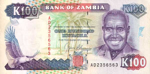 Лицевая сторона банкноты Замбии номиналом 100 Квач