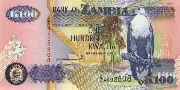 Лицевая сторона банкноты Замбии номиналом 100 Квач