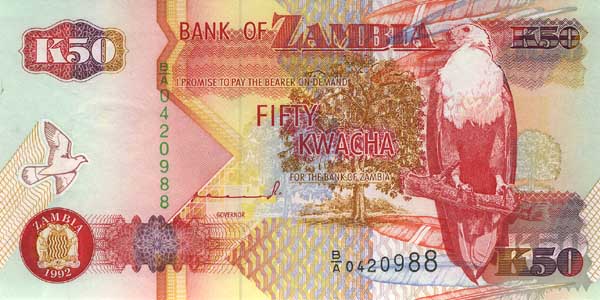 Лицевая сторона банкноты Замбии номиналом 50 Квач
