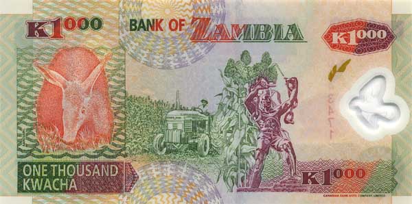 Обратная сторона банкноты Замбии номиналом 1000 Квач