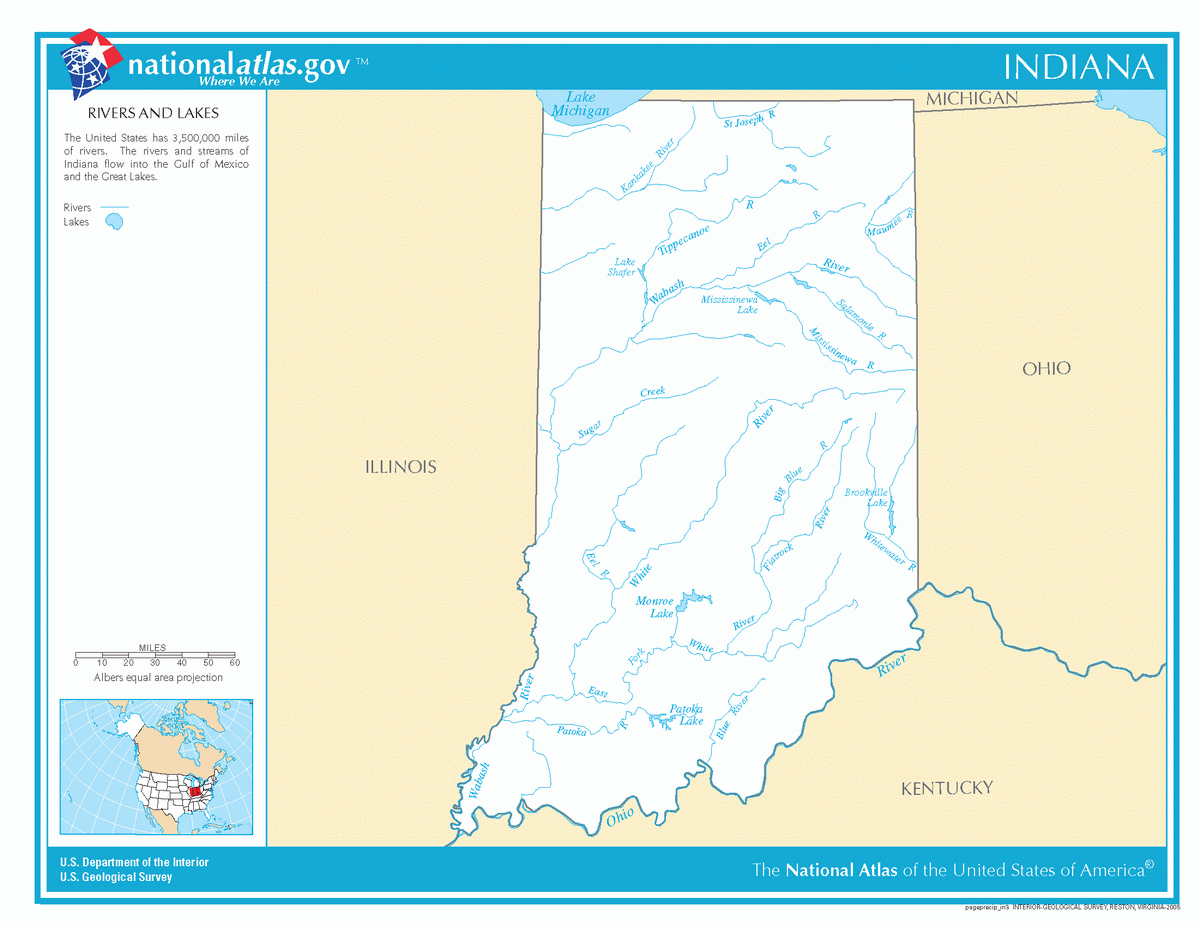 Подробная карта рек и озер Индианы