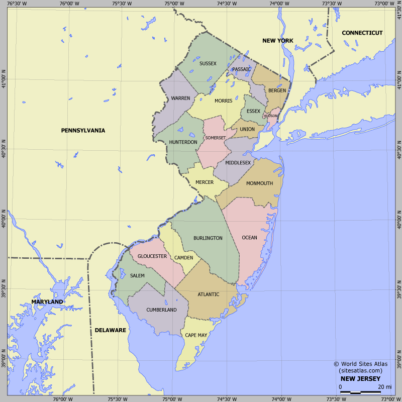 Подробная карта деления Нью-Джерси.