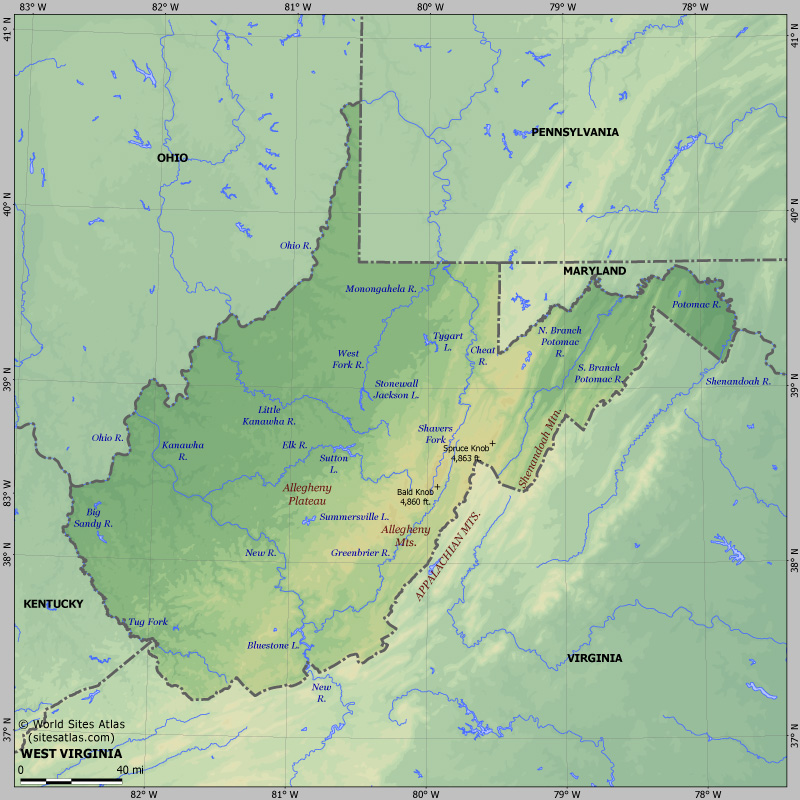 Подробная карта рельефа Западной Вирджинии