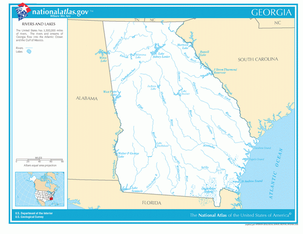 Карта рек и озер Джорджии