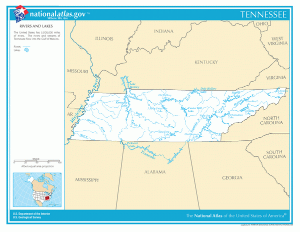Карта рек и озер Теннесси