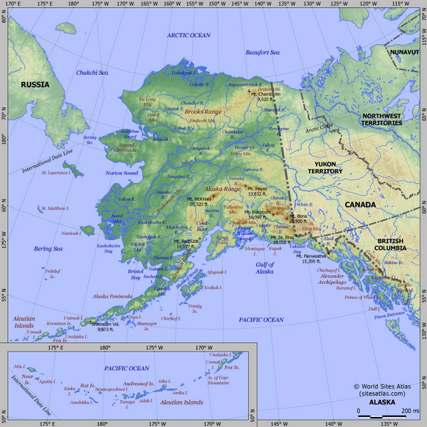 Карта рельефа Аляски