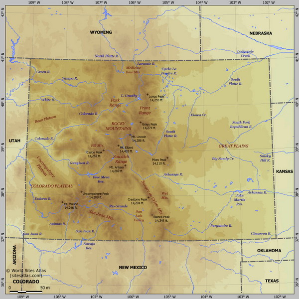 Карта рельефа Колорадо