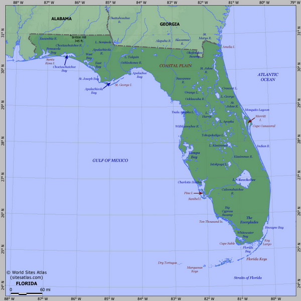 Карта рельефа Флориды