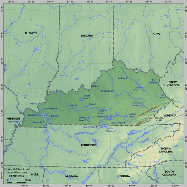 Карта рельефа Кентукки