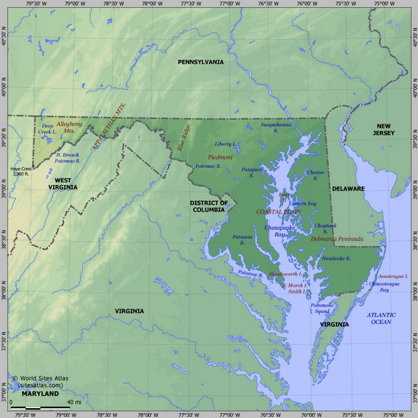 Карта рельефа Мэриленда
