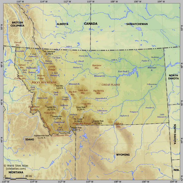 Карта рельефа Монтаны
