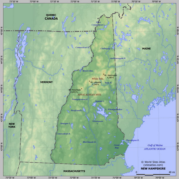 Карта рельефа Нью-Гемпшира