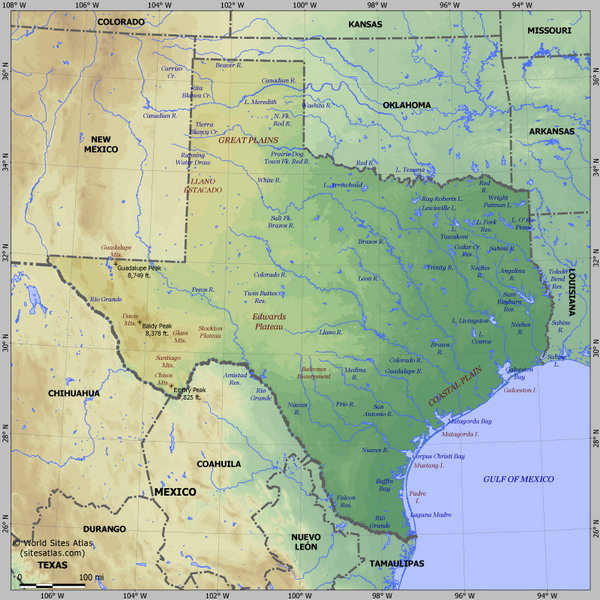 Карта рельефа Техаса